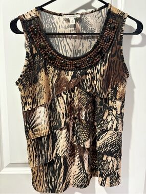 dressbarn Brown and Black Animal Print Beaded Ruffle Tank